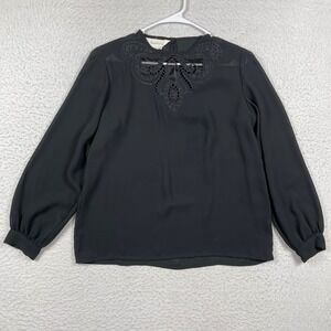 Susan Hutton Blouse Womens 16 Black Long Sleeve Embroidered Cutout Vintage